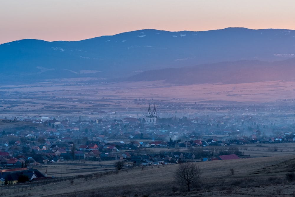 a view of a city with mountains in the background