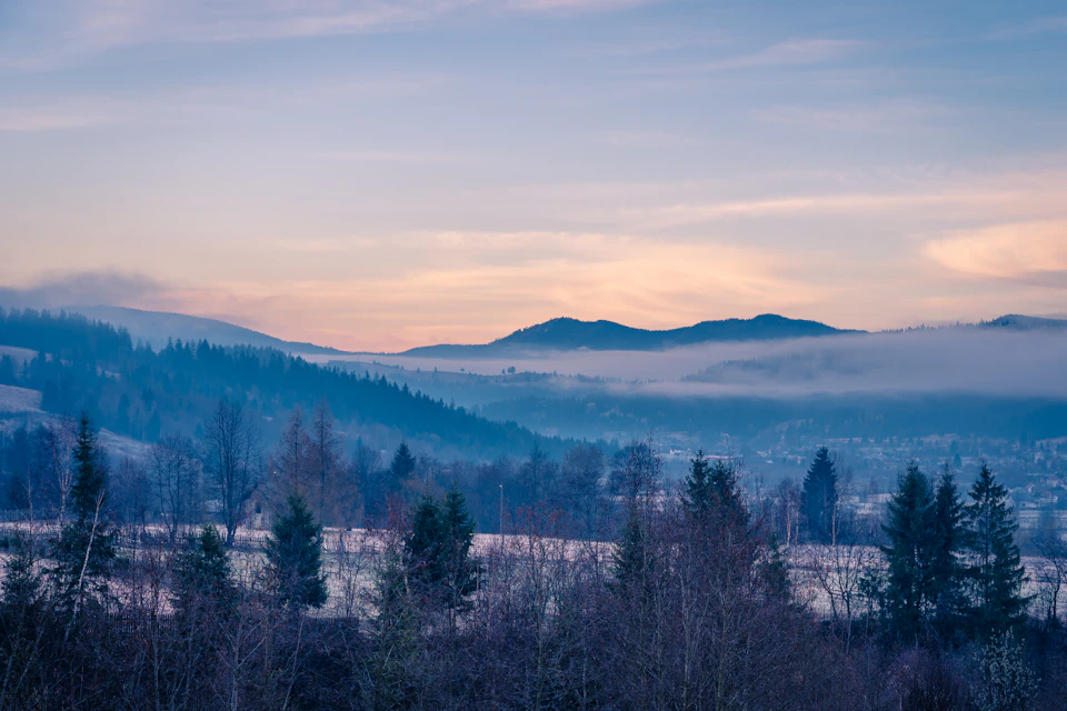 The image depicts a serene winter landscape with a foggy mountain range in the background, partially obscured by the misty haze. The mountains are blanketed in snow and appear to be shrouded in darkness due to the low light conditions. In the foreground, there is an array of trees and bushes, their branches heavy with fresh snowfall. The sky above is painted in shades of blue, dotted with wispy clouds that add depth and texture to the scene.