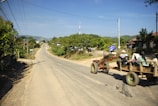 A rural road stretches forward with a tractor pulling a wooden cart on the right side. The cart carries a few people seated and traveling along the road. Dense greenery and trees line the background with some hills visible in the distance. Power lines run parallel to the road, and a few small buildings are visible along the roadside. The sky appears clear and blue, suggesting pleasant weather conditions.