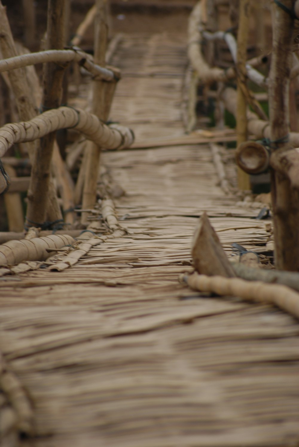 a wooden walkway with a bunch of ropes on it