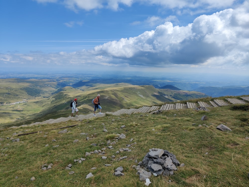 a couple of people standing on top of a lush green hillside