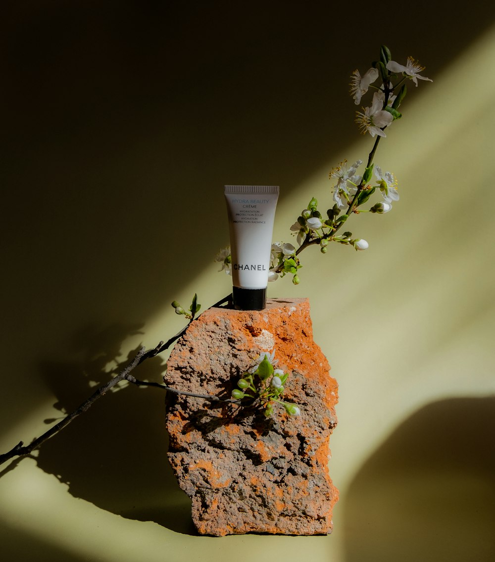 a tube of sunscreen sitting on top of a rock