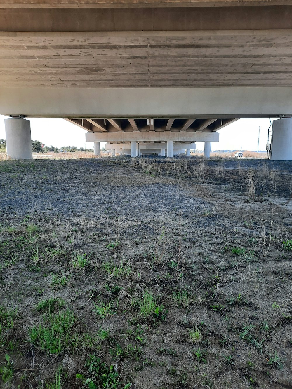 an empty field under a bridge under a bridge