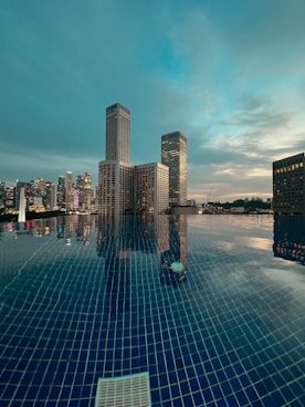 a large swimming pool with a city skyline in the background