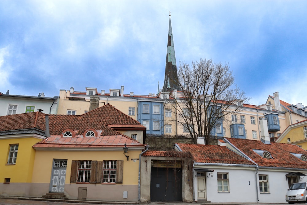 an old building with a steeple in the background