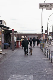Trainer walking a dog on a busy city street with distractions.