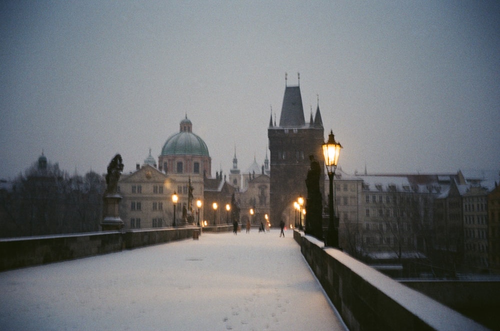 a snowy walkway with a street light and buildings in the background