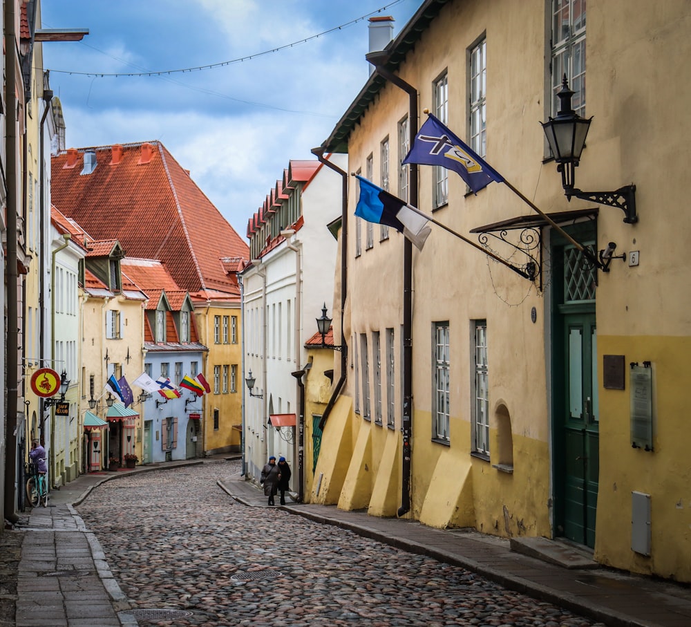 a cobblestone street in a european city