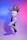 A woman with blonde hair stands in a dance pose with one leg raised and her arms touching her head. She wears a cropped, short-sleeved white shirt and black and white athletic pants in a minimalistic studio with gradient lighting transitioning from blue on the left to pink on the right.