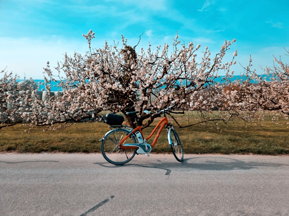 a bicycle parked next to a tree with lots of flowers