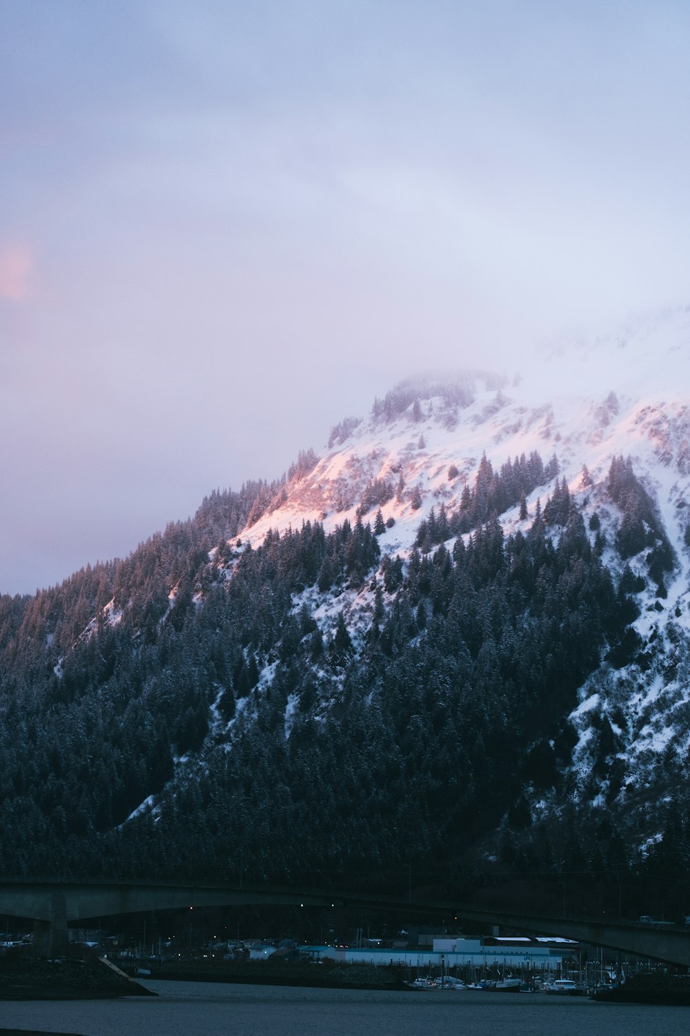 a mountain covered in snow next to a body of water