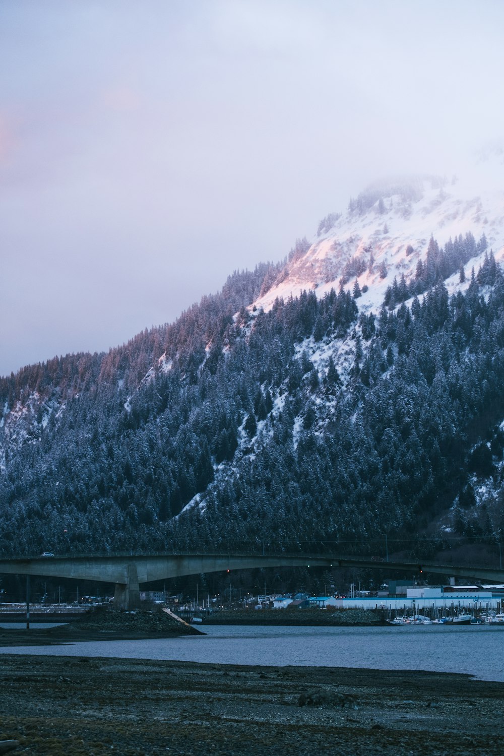 a mountain covered in snow next to a river