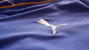 Close-up of a detailed embroidered company logo on a fabric.