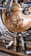 A detailed and ornate metallic artwork features a fierce, sculpted face with flowing hair, reminiscent of mythological themes. The design is predominantly in gold and silver tones, incorporating elements like a sword hilt or handle, laurel leaves, and decorative scrollwork.