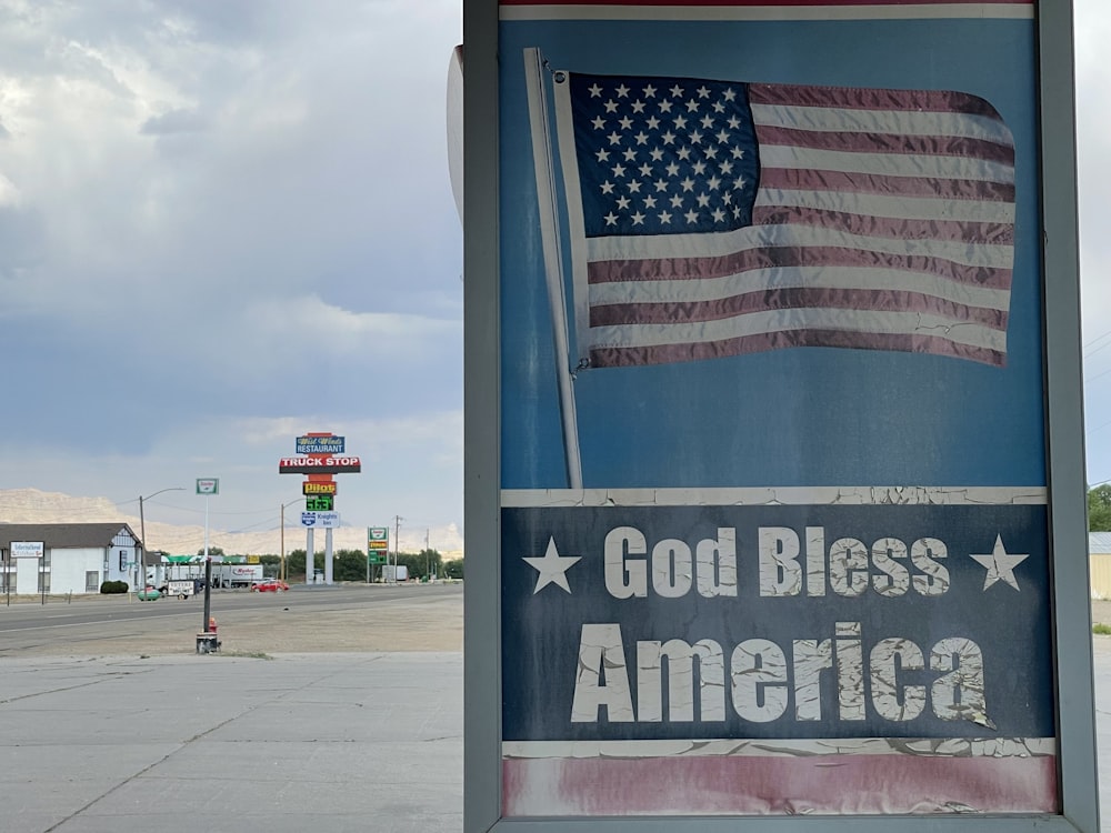 a sign with an american flag on it