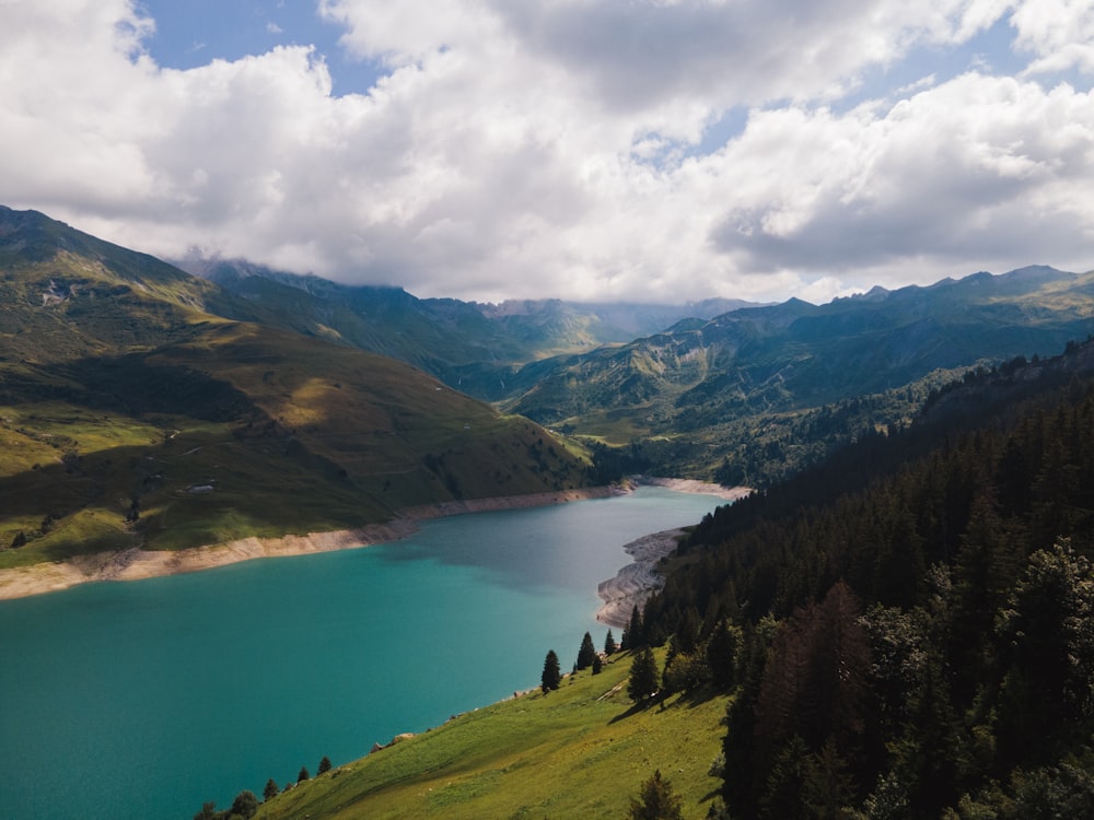 a view of a lake surrounded by mountains