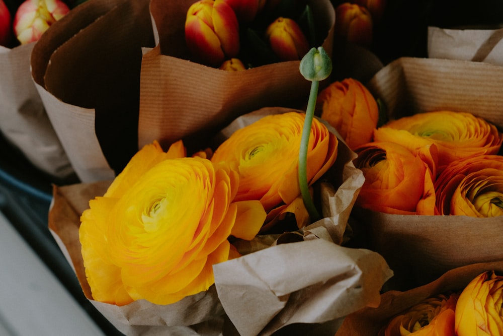 a bunch of flowers that are sitting in a bag