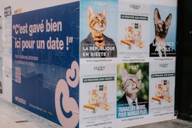A series of posters featuring cats are displayed on a wall. The central theme revolves around humorous political campaigns for cats, with slogans related to leadership and governance. The posters are colorful, with the main colors being blue and green. Each poster features a cat in a suit or with an expression of authority, suggesting a playful take on political advertisements. The text on the posters includes phrases like 'La République en Sieste' and 'La France à Poils'.