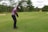A golfer in a purple floral shirt and dark pants is captured mid-swing on a lush green golf course. The surroundings include well-maintained grass, several sand traps, and tall trees lining the course. The sky is overcast, adding a calm atmosphere to the scene.