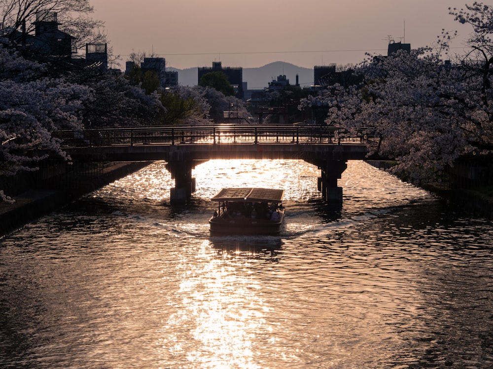 a boat traveling down a river under a bridge