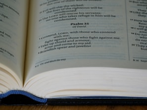 An open book displaying text from Psalm 35 on a wooden surface. The book is likely a Bible, featuring bold and regular text, with a focus on verses 1 to 3.