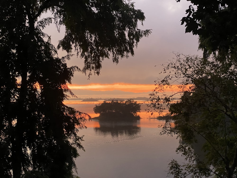 a body of water surrounded by trees with a sunset in the background
