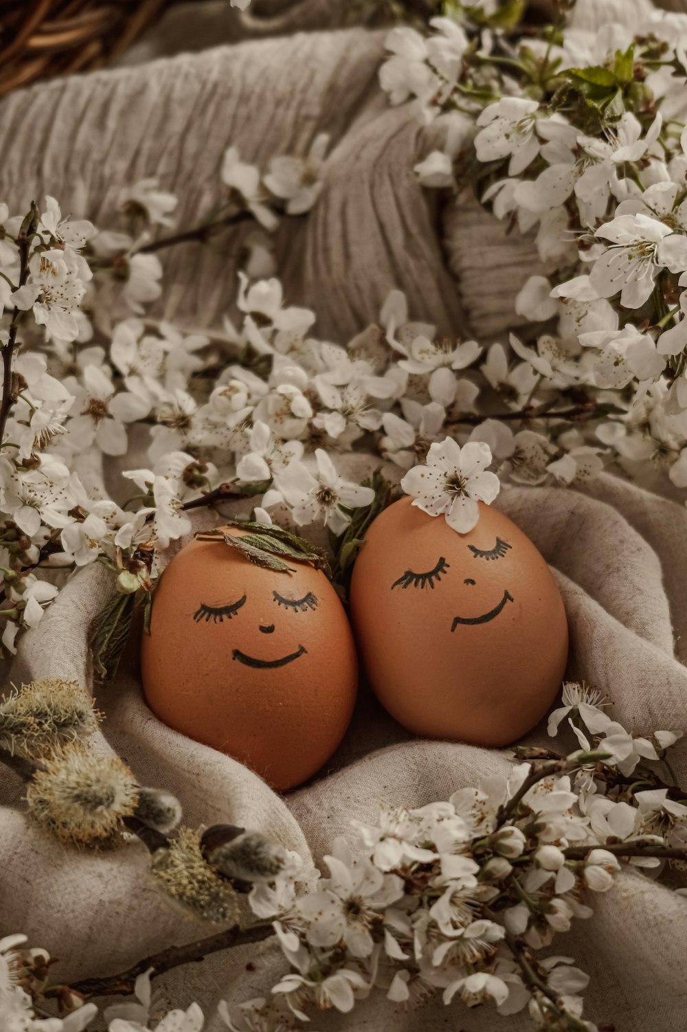 two eggs with faces drawn on them in a basket