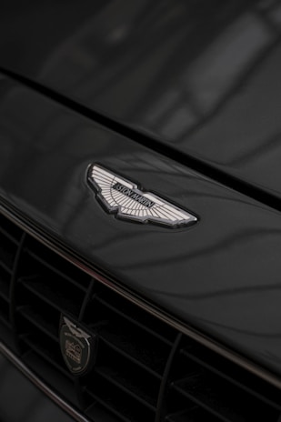 Detail shot of a car's emblem and grille, highlighting craftsmanship and minimalistic design.