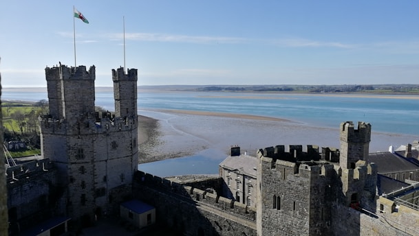 A historic stone castle overlooking a vast body of water. Two prominent towers with turrets stand tall, one flying a flag. The surrounding landscape includes a mix of water and land, with a shore visible in the distance.