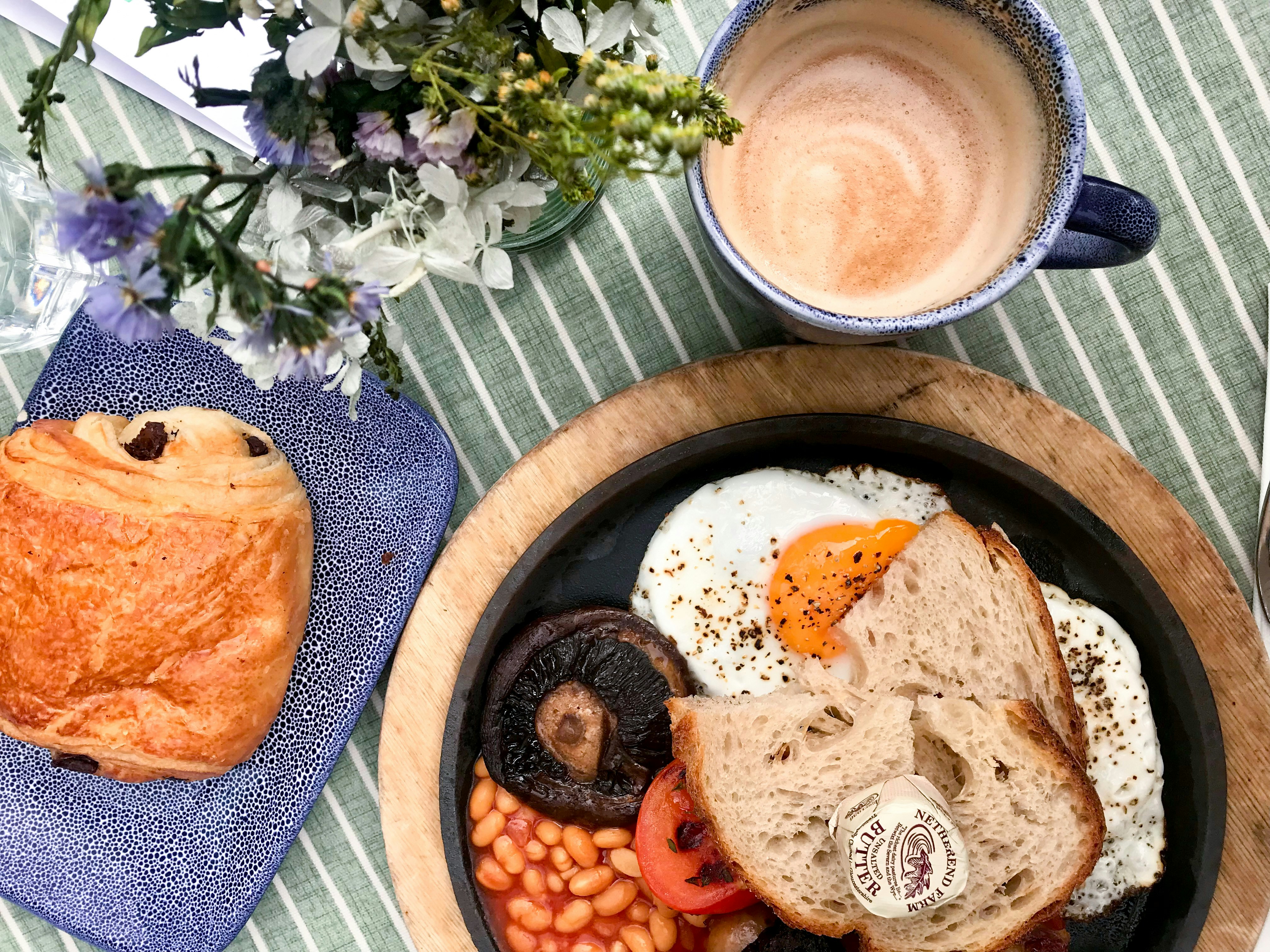 a plate of food and a cup of coffee on a table