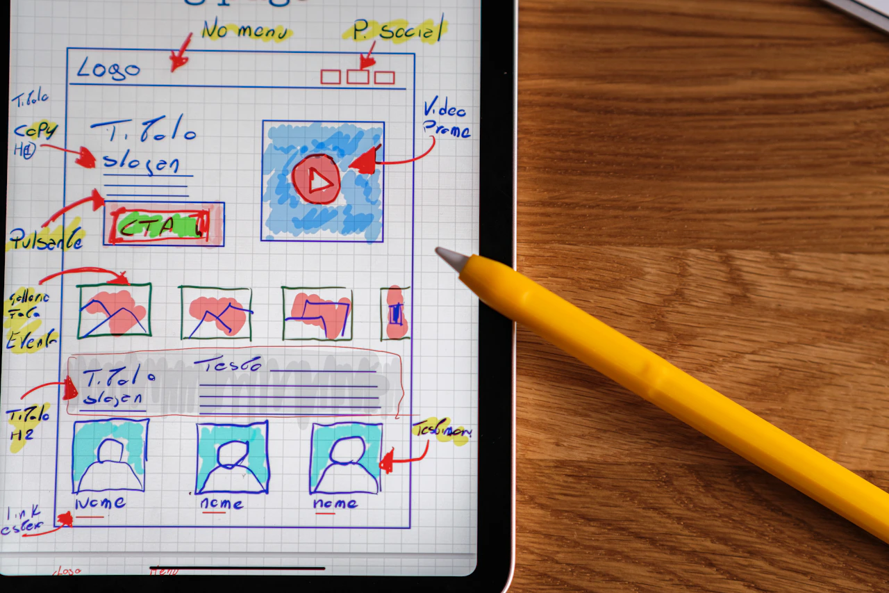 Digital tablet displaying website wireframe sketches.