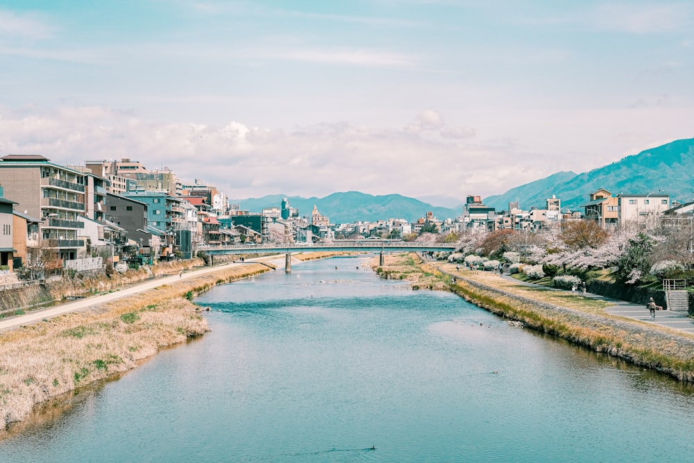 a river running through a city next to tall buildings