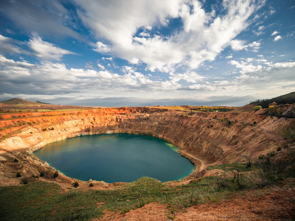 a large blue lake surrounded by mountains under a cloudy sky