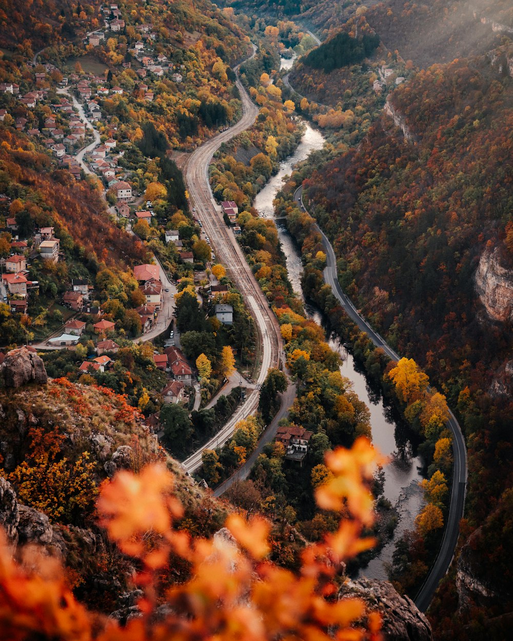 an aerial view of a winding road surrounded by trees