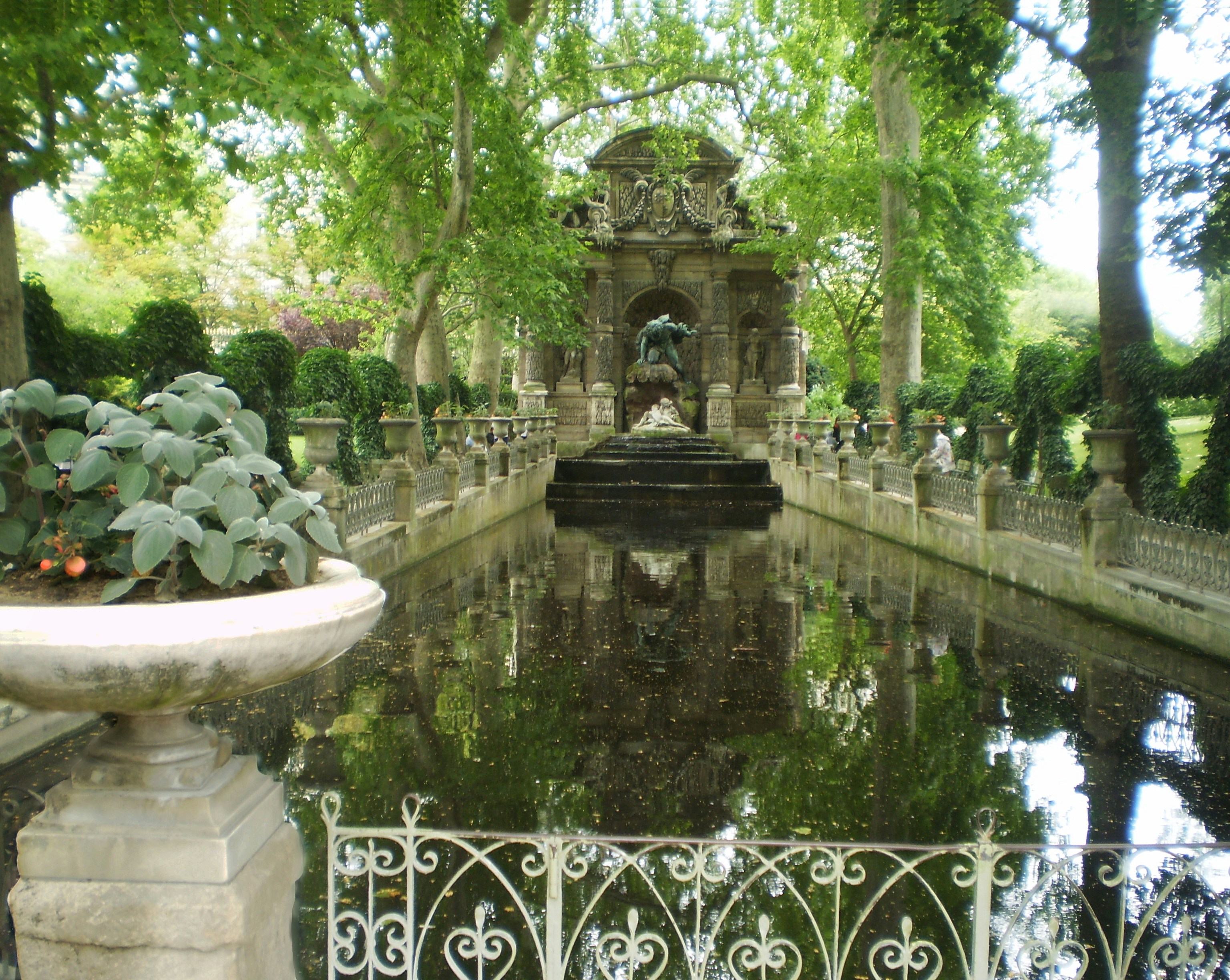 a pond surrounded by trees and a white fence