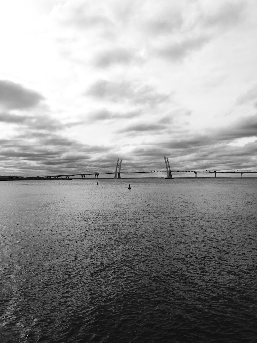 a black and white photo of a bridge over water