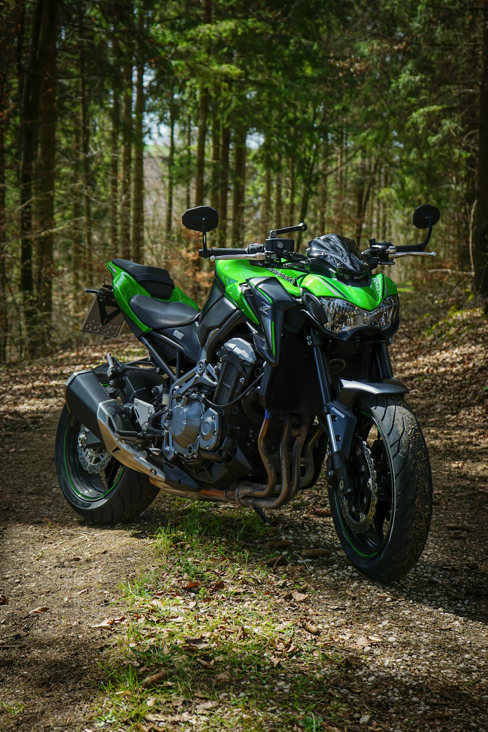 a green and black motorcycle parked on a dirt road
