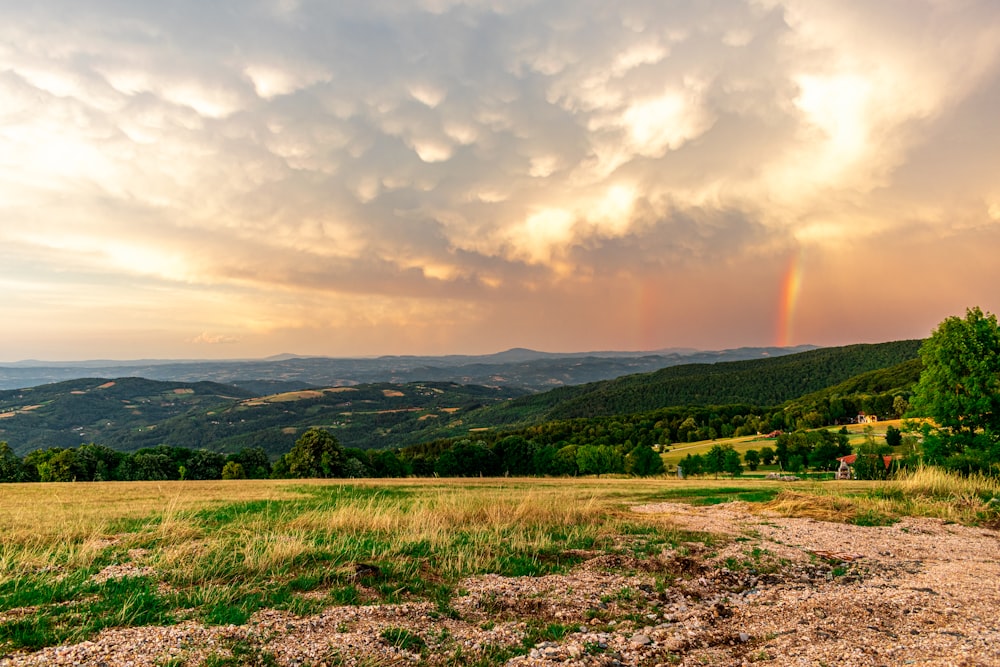 a field with a rainbow in the distance