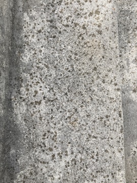 A close-up view of a rough, textured concrete surface featuring brown speckles and small, scattered pits. The surface appears weathered and aged, with subtle variations in shades of gray.