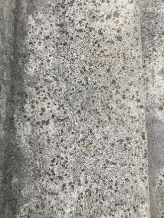 A close-up view of a rough, textured concrete surface featuring brown speckles and small, scattered pits. The surface appears weathered and aged, with subtle variations in shades of gray.