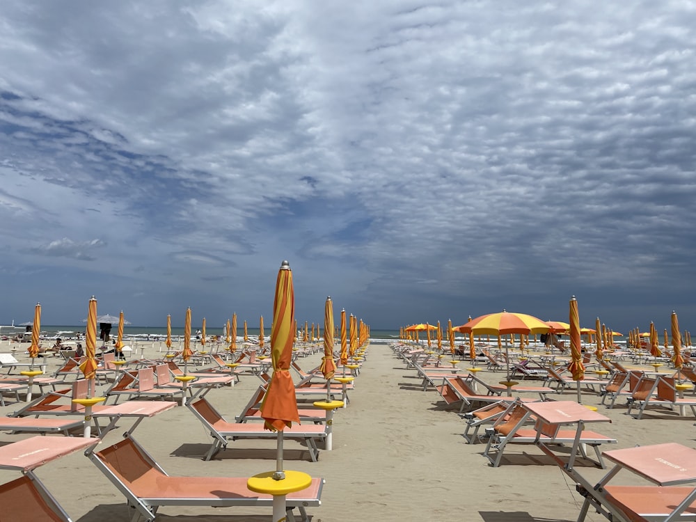 a bunch of chairs and umbrellas on a beach