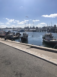 a group of boats that are sitting in the water