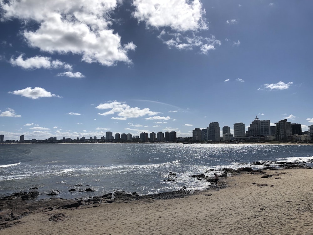 a view of a beach with a city in the background