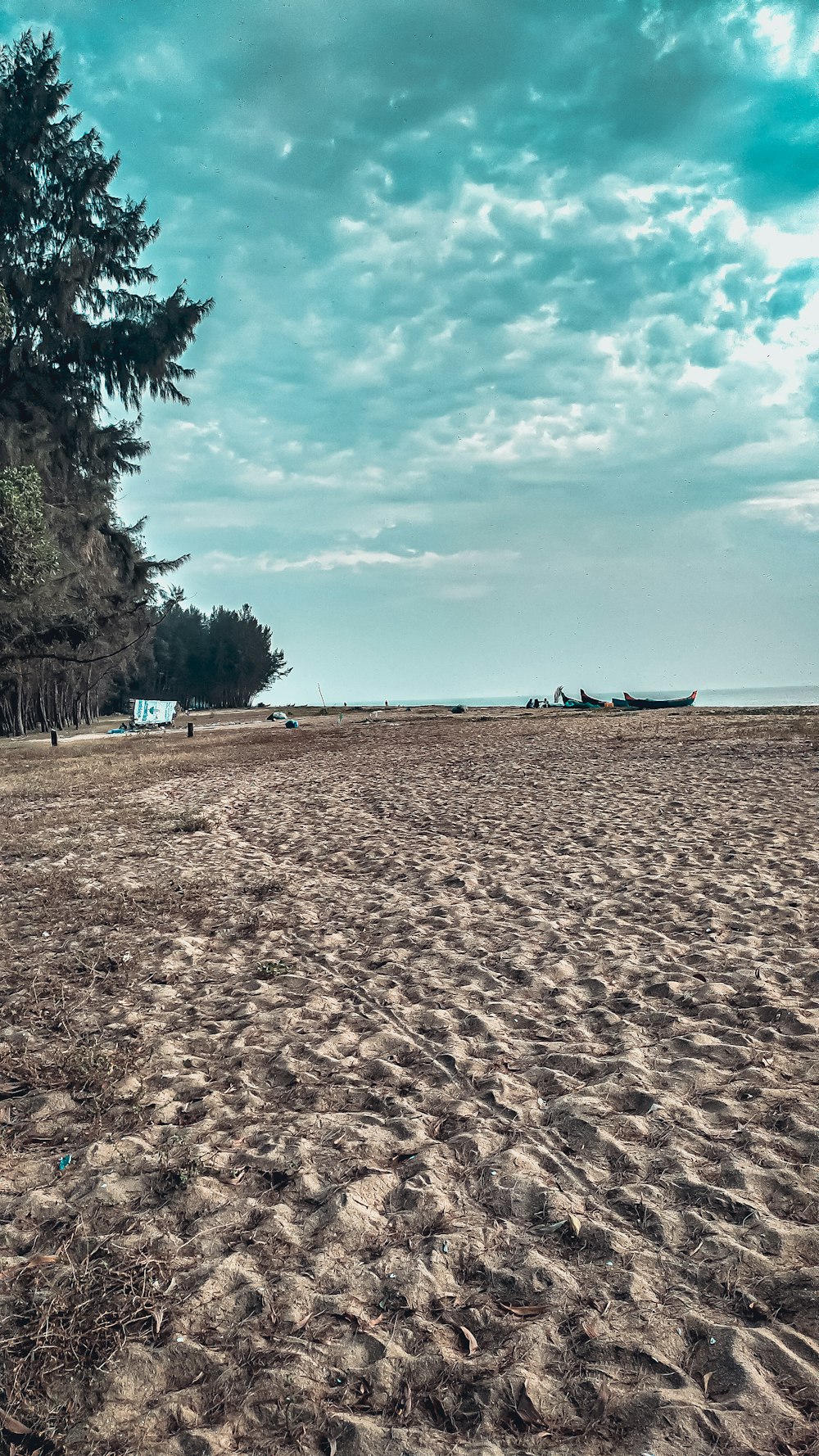 uma praia de areia com um barco à distância