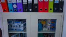 A shelf contains a row of colorful binders in shades of orange, blue, purple, black, red, and green on top. Below, a cabinet with glass doors displays products including boxes labeled 'Baby Cam' and hygiene items, along with a blue hand sanitizer bottle.