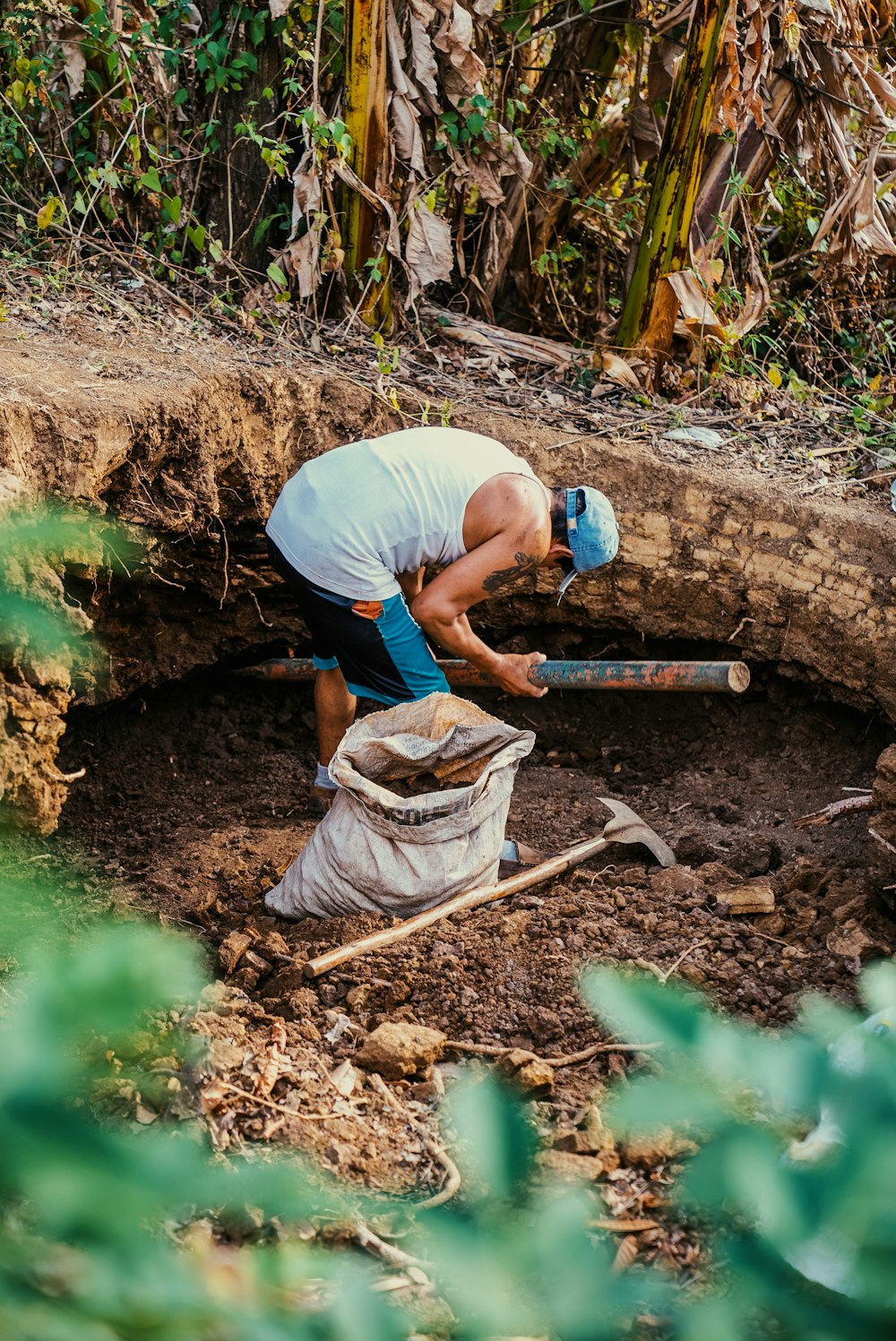 a man is digging a hole in the ground