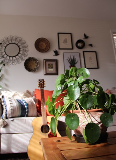 a living room with a couch and a guitar