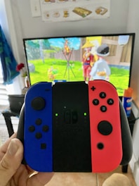 A person holds a Nintendo Switch controller with blue and red Joy-Cons in front of a TV displaying a colorful animated game scene featuring characters and a wooden fence. The room has a casual, homey atmosphere, with a small red flower vase visible on the side.