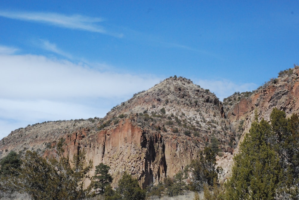 a mountain with trees and a blue sky in the background