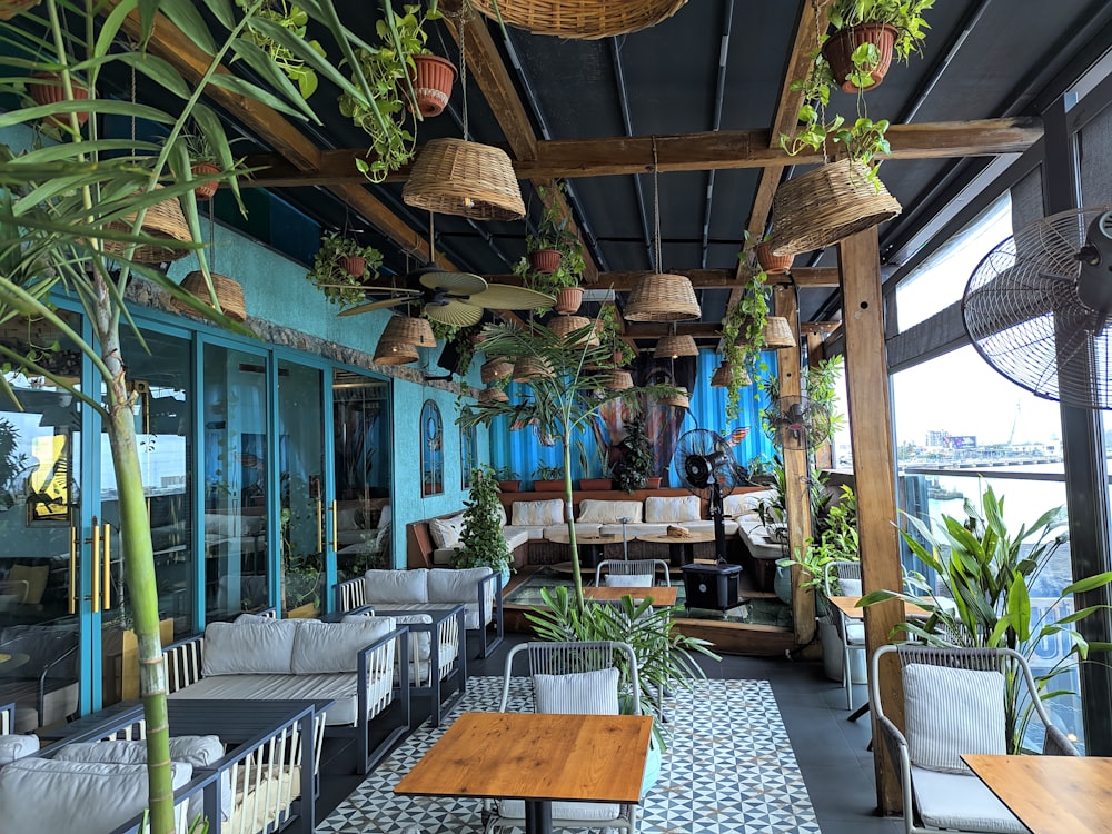 a restaurant with lots of plants hanging from the ceiling